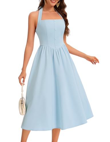Dressystar Spring Summer Halter Midi Dress 2026 High Waist Swing Flowy Beach Garden Casual Wedding Guest Party Dress Light Blue S
