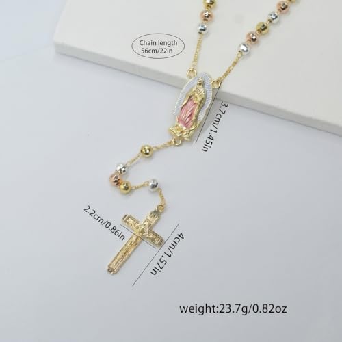 Bzleurvy 14K Gold Plated Beaded Rosary Cross Necklace for Women Men – 6MM Laser Beads Catholic Y-Necklace with San Judas & Guadalupe Pendant | Religious Jewelry Gift (Gudalupe, B) by Bzleurvy - Used condition - Image 4