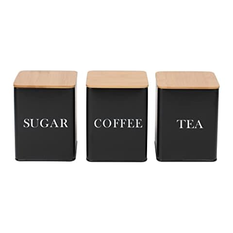 EHC Set of 3 Tea, Coffee & Sugar Canister Storage Jar Container Set With Airtight Bamboo Lid, Black Cover