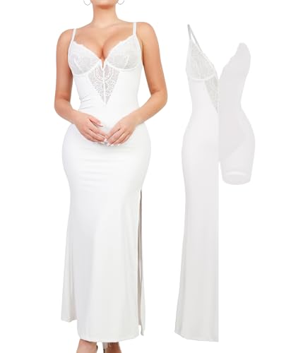 Image of Popilush Maxi Dresses for Women Deep V Neck Shapewear Lace Satin high Slit Bodycon Cocktail Dress Party Going Out
