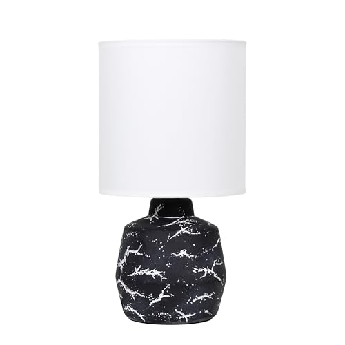 Simple Designs LT1171-BLK 13.78" Chic Glow Marble Inspired Ceramic Table Lamp with Fabric Shade, for Bedroom, Office, Living Room, Compact Accent Lighting, Black
