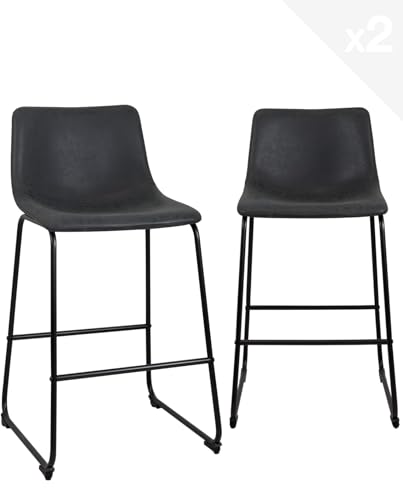 KAYELLES Lot de 2 tabourets chaises de Bar industriels, siège Hauteur d'assise 65 cm avec Dossier, Simili Cuir Effet Vintage rembourré, Pieds métal Noir...