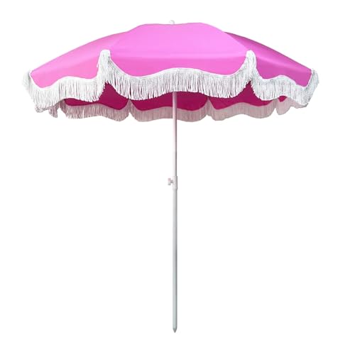 6.5ft White Patio Umbrella with Fringe Pink Beach Umbrellas for Sand Portable Pool Umbrella UPF 50+ Waterproof Holiday Umbrellas Tilt Outdoor Umbrella for Patio/ Backyard/ Pool/ Garden ( Color : Pink