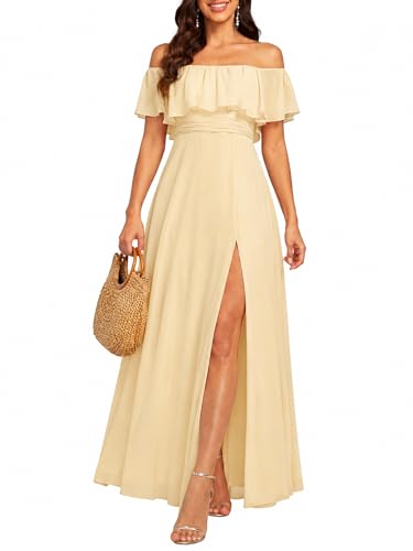 Image of Ever-Pretty Women's Summer Off The Shoulder Flowy Chiffon Formal Wedding Guest Dresses Maxi Side Split Beach Bridesmaid Dress