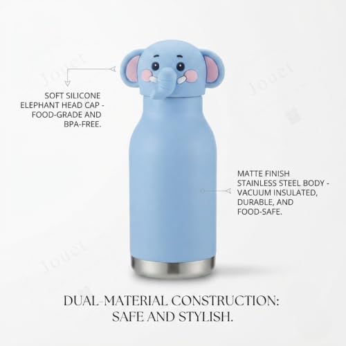 Image of JOUET 400ml Stainless Steel Water Bottle with Elephant Character Lid, Reusable Leakproof Bottle for Kids, School, Travel & Daily Hydration