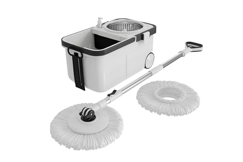 Image of BonKaso Rider Spin Mop 360 with Stainless Steel Wringer, Big Wheels & Adjustable Handle, Floor Cleaning Mop Bucket Set with 2 Microfiber Refills - Grey & Black