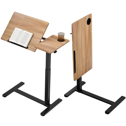 サイドテーブル ガス圧昇降 昇降式デスク高さ 在宅ワーク PCデスク幅80cm 高さ無段階調節 介護用 ベッドテーブル (B(茶色))