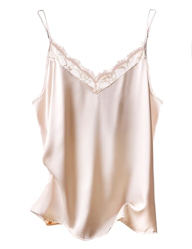 Image of Ekouaer Women's Satin Lace V Neck Camisole Tops Pajama | Women's Satin Camisole Lace Pajama Tank Tops V Neck Soft Spaghetti Strap Loose Sleepwear