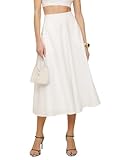 IDEALSANXUN White Linen Skirt 2025 Spring Summer High Waisted A Line Midi Skirt with Pockets, White, L