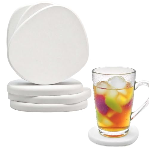 cgllwnmix Diatomite Coasters Set of 6 | Absorbent Coasters for Drinks Cute Modern Unique Aesthetic Stone Coaster for Desks Coffee Table Instant Drying with 24 Removable Scratch Protection Pads - White