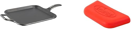 Lodge BOLD Plancha cuadrada de hierro fundido sazonado de 12 pulgadas + soporte de mango de asistencia de silicona Lodge BOLD - Rojo vibrante