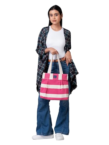 Image of AQVA Striped Cotton Canvas Shoulder Tote Bag for Women with Sturdy Strap Multipurpose Handbag with Zip Closure for Travelling, Shopping and Work