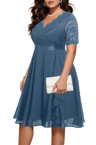Image of Talisea Plus Size Wedding Guest Dress - Formal Cocktail Party Ruffle Elegant Tea Length Lace Chiffon V Neck Midi Dresses