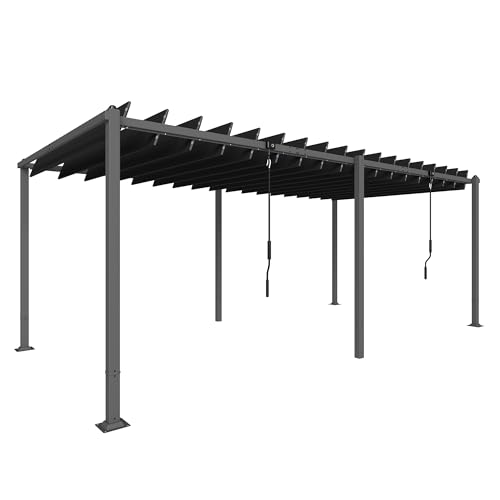 Outsunny Pérgola de Jardín 3x5,7 m, Cenador de Jardín con Techo de Lamas Ajustable a 90°, Manivela, Estructura de Aluminio, Protección UPF50+, Pabellón para Exterior, Patio, Terraza, Gris Oscuro