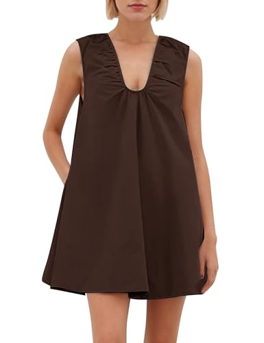 MISSACTIVER Women's Sleeveless Babydoll Tank Mini Dress Scoop Neck Ruched Short Dress with Side Pockets Summer Party Dresses