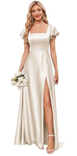 Women's Short Sleeve Satin Bridesmaid Dresses for Wedding Square Neck A Line Slit Long Formal Evening Gown