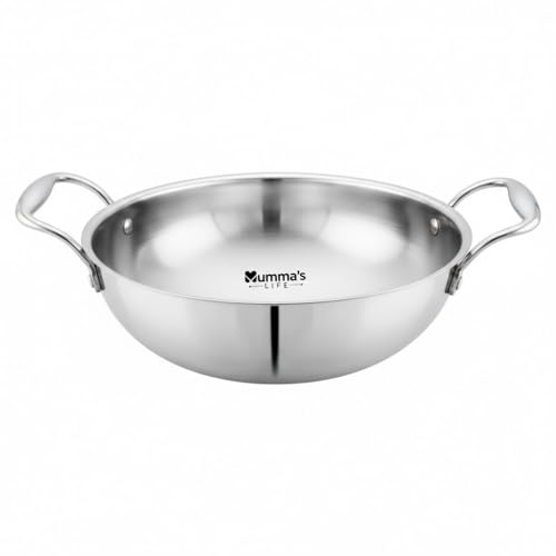 Image of Mumma's LIFE Triply Stainless Steel Kadai | 2.3 L /22cm Without Lid | Kadai for Cooking Stainless Steel Triply | 2.5mm Thick with Heavy Bottom | Designed for Gas or Induction