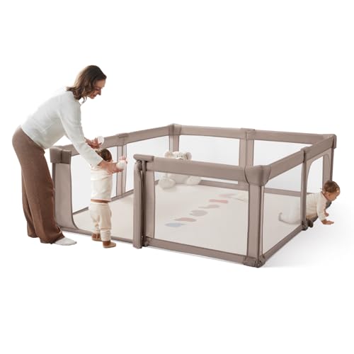 Image of Foldable Baby Playpen,Portable Indoor & Outdoor Playpen for Babies and Toddlers,59 inchx59 inchExtra Large Play Pen with Gate,Collapsible Baby Fence with Travel Bag(Deep Khaki)