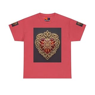 BrickByDreamCo Ornate Celtic Heart Tee | Golden Filigree Red Heart Shirt