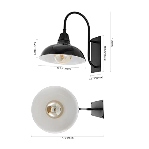 Image of JONATHAN Y 12.25 inch Black 1-Light Farmhouse Gooseneck Outdoor Wall Sconce Lamp, with Black Metal Bowl Shade, Industrial Iron LED Porch Light for Patio Garage Entryway (JYL7614B)