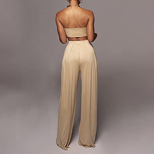 Women's Summer Fashion Pants Sets Casual Solid Color Lace Up Knot Tube Tops Lightweight Midwaist Wide Leg Pants2