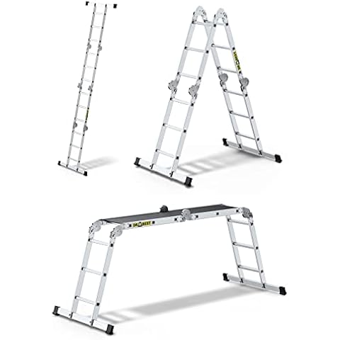 DRABEST Alu Leiter Gelenkleiter 4x3 mit Plattform Trittleiter Mehrzweckleiter Arbeitsgerüst Leiter Tritt Klappbar bis 150 kg belastbar Cover