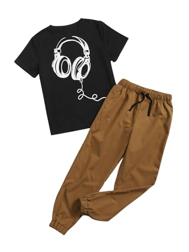 Image of GORGLITTER Boy's 2 Piece Outfits Graphic Print Short Sleeve Tee Shirt Drawstring Waist Pants Set Black and Brown 10Y