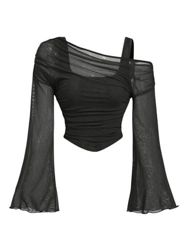Women's Y2K Off The Shoulder Tops Long Bell Sleeve Mesh Shirt Ruched Crop Top Rave Clubwear