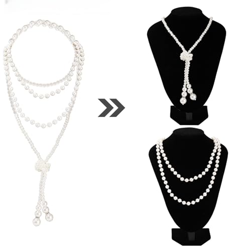 4 Pcs 1920s Pearl Jewelry Set, Include Beaded Pearl Clutch Bag with Chain, Dangle Faux Pearl Drop Earrings, Multi Strands Bracelet and Long Necklace, Flapper Costume Accessory for Party, Prom2