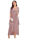DIYFU 2 Pieces Mother of The Groom Dresses with Jacket Half Sleeve Tea Length Evening Dress Size 16 Dusty Rose
