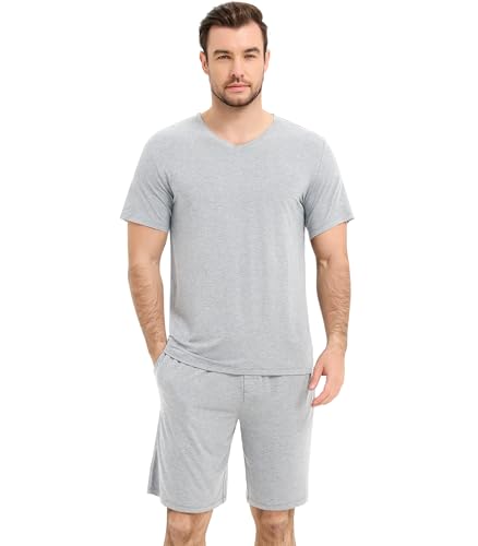 Image of NACHILA Men's Pajamas-Viscose Made from Bamboo, Short Sleeve Top with Shorts Pjs Set V Neck Sleepwear Cool Loungewear