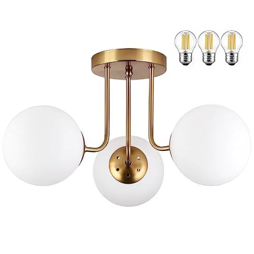 Image of with Bulb Modern Golden Metal & 3 Dome Glass Globe Sputnik Chandelier Metal Ceiling Light Hanging Fixture Semi Flush Mount Chandelier for Living Room, Dining, Room Bedroom
