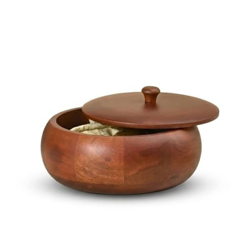 Image of Wooden Chapati Box with Lid | Roti Box for Kitchen Storage & Serving | Wooden Roti Container for Chapati, Paratha & Snacks | Round Wooden Bread Box (Natural Finish)