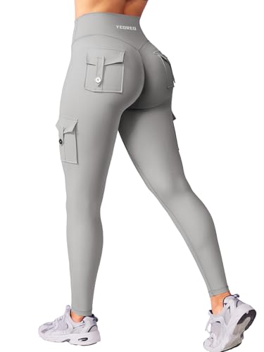 YEOREO Workout Cargo Leggings with 4 Pockets for Women Hidden Scrunch Butt Lifting Hedda Leggings Compression Gym Yoga Pants Light Grey