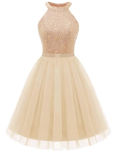 Image of Dressystar Women's Sequin Short Prom Dress Sparkly Halter Tulle Cocktail Party Homecoming Dresses