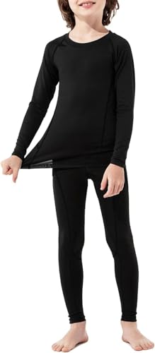 American Trends Youth Kids Boys Girls Compression Shirt And Pant Long Sleeve Base Layer Set Athletic Football Baseball Basketball Tights Quick Dry Baselayer Black Line Set Medium cover