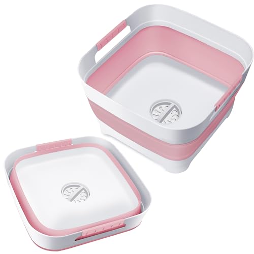 Upgraded 2.4 Gal (9L) Collapsible Dish Basin with Drain Plug, Space Saving Multiuse Foldable Sink Tub, Dishpan, Beverage Tubs for Camping, Vegetable Washing, RV(Pink)
