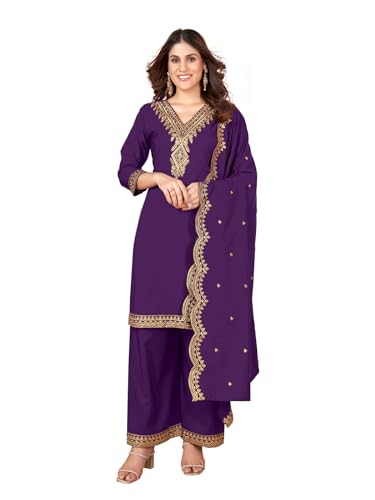 Image of Pratham Blue Kurta Set for Women Silk Embroidered Straight Kurta Set for Women with Palazzos and Dupatta