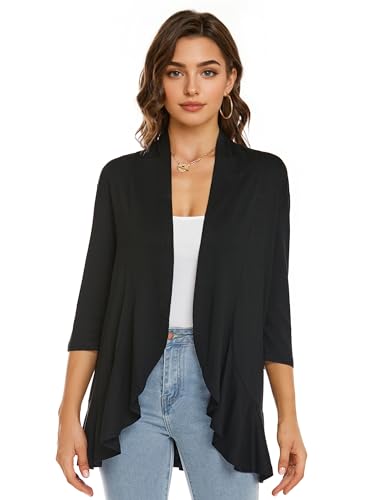 Image of YnimioAOX Women's Cardigan Lightweight Open Front 3 /4 Sleeves Draped Ruffles Knit Cardigan Sweaters