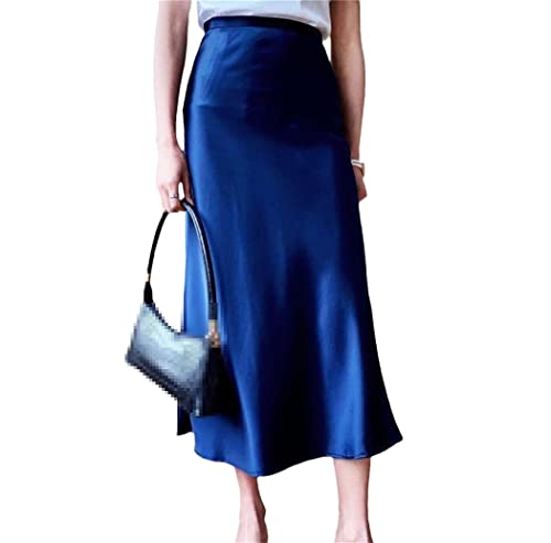 Jupe coréenne taille haute satin soie femme vêtement chic bleu nuit 44