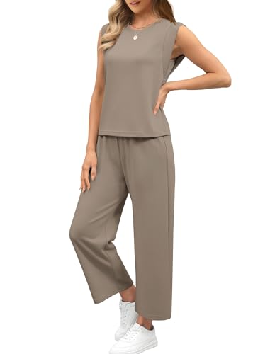 Image of SAMPEEL Two Piece Sets for Women Casual Travel Vacation Outfits Summer Wide Leg Crop Pants Lounge Sets