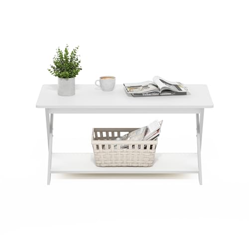 Image of Furinno Modern Simplistic Coffee Table, 2-Tier Rectangle Center Table with Open Shelf and X-Legs, Criss-Crossed Side Table, for Living Room, Bedroom, Home Office, White
