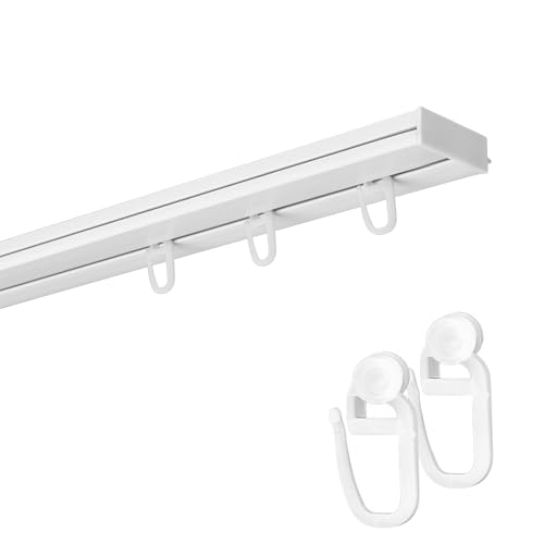 Fenster DEKOR Gardinenschiene 1-läufig PVC Vorhangschiene zur Deckenmontage Deckenschiene für Vorhänge Weiß mit Haken mit Rolle 130 cm