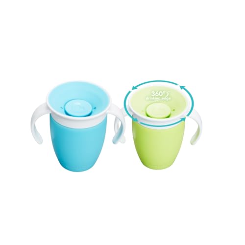 Munchkin Vaso Aprendizaje, Set de Vasos 360° con Asas, Vaso Antiderrame Libre de BPA para Bebés a Partir de los 6 Meses y Niños Pequeños, Apto para Lavavajillas, Lote de 2 x 207 ml, Azul/Verde