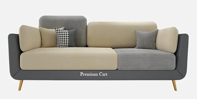 Image of Velvet Contemperory Sofa with Cushion Chaise Lounge Sectional Sofa Perfect for Living Room & Bedroom Guests Home & Office (Beige & Grey, Three Seater)