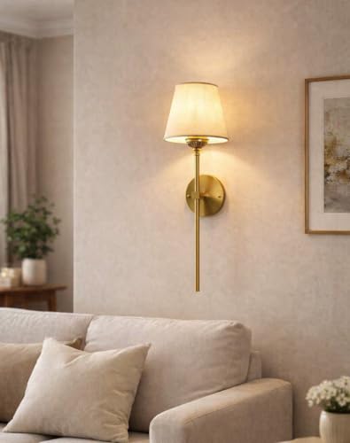 Image of Sinoman Wall Lights for Home Decoration | Classic Antique Brass Wall Sconce with Fabric Shade| Elegant Light Decorative Wall Fixture for Living Room & Bedroom | Vintage Metal Wall Light (Without Bulb)