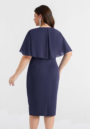 Image of Hanna Nikole Womens Plus Size Chiffon Cape Sleeve Ruffle Ruched Cocktail Party Pencil Dress for Wedding Guest