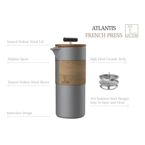 Image of LECTOR Atlantis French Press Coffee Maker | 450ml Capacity | Premium Ceramic Body with Natural Wood Sleeve & Lid | Manual Brewer for Coffee & Tea | Strong Ceramic Build, Superior Filtration (Grey)
