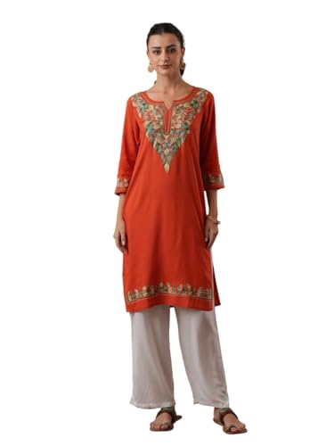Image of QAZMI Women's Noor Kashmiri Aari Work Viscose Rayon Straight Kurta
