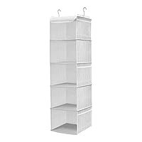 BrilliantJo Hanging Wardrobe Organiser 5 Shelves Closet Storage Hanging Shelves with 6 Side Pockets Clothes - Grey Strip(30 x 30 x 108cm)